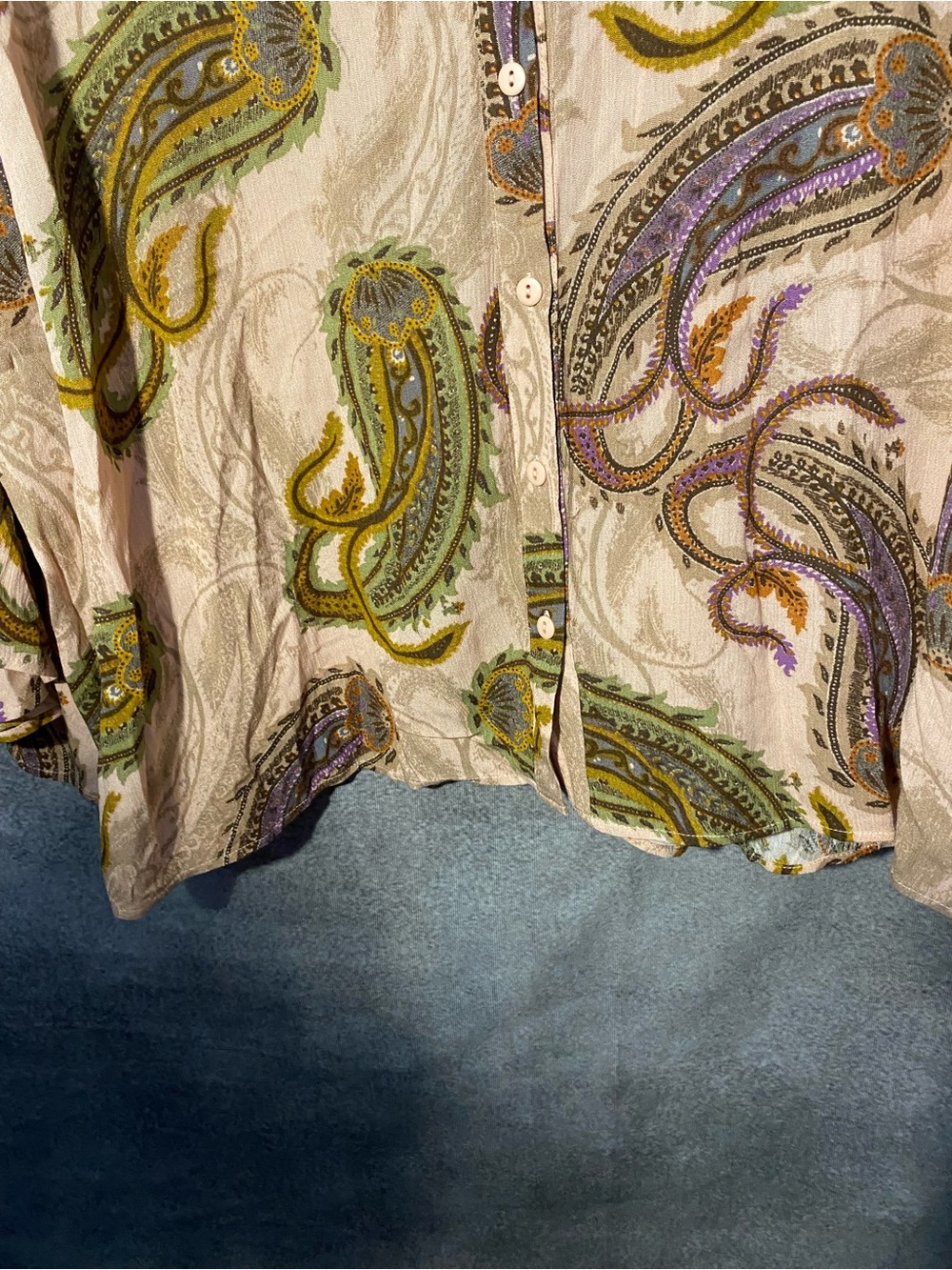 DR2 Womens Plus 3X Blouse Paisley Button Up Long Flare Sleeve Olive Beige Top - Picture 2 of 11